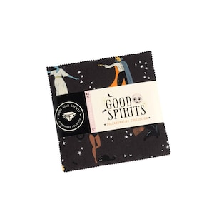 May include: A black fabric square with a Halloween-themed print featuring a vampire, a witch, and a cat. The fabric is part of the "Good Spirits" collaborative collection by Ruby Star Society. The fabric measures 5 inches by 5 inches.