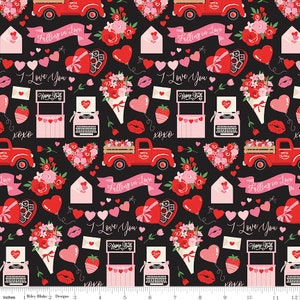 May include: A black background with a repeating pattern of red trucks, hearts, flowers, and other Valentine's Day themed elements. The text "Falling in Love" and "I Love You" are repeated throughout the pattern.