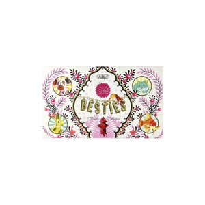 May include: A pink and white card with a gold chain necklace and the words "Tula Fine" and "Besties" in gold letters. The card has a floral design and images of a dog, a hamster, a rabbit, a goldfish, and a fire hydrant.