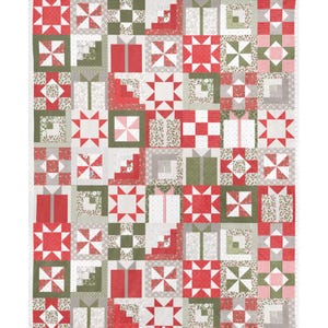 May include: A patchwork quilt with a repeating pattern of red and green gift boxes, stars, and geometric shapes. The quilt features a white background with various patterns and textures, creating a festive holiday theme.