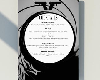 Modelo de menu de coquetéis estilo James Bond para festa de gala, editável e para download digital.