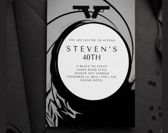 Convite para festa temática James Bond, modelo para festa de gala, 12,7 x 17,8 cm, editável instantaneamente. Download digital.