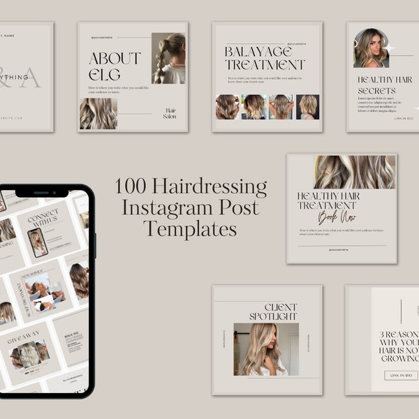 100 Hairdressing Instagram Post Templates, Hairstylist Hairdresser Engagement Minimal Posts Beige Cream Neutral Social Media Posts, Canva