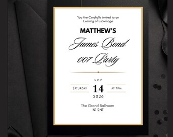 Convite para festa temática James Bond, modelo para festa de gala, 12,7 x 17,8 cm, editável instantaneamente. Download digital.