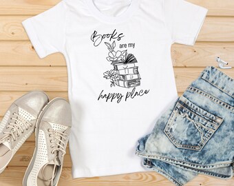 Books are my happy place tshirt for book lovers, book worms, and bookstagrammers