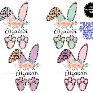 Leopard Print Bunny Ears Feet Split Monograma, 4 cores, camiseta de Páscoa, camiseta de coelho de Páscoa, SVG de coelho, PNG de coelho, coelho fofo adicionar nome de criança