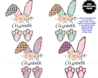 May include: Four digital sublimation designs featuring a bunny rabbit with leopard print ears, floral accents, and paw prints. The name "Elizabeth" is included in each design.