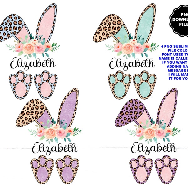 Leopard Print Bunny Ears Feet Add Name Monogram, 4 Colors, Easter T-Shirt, Easter Bunny T-Shirt, Clipart, Sublimation, Cricut, Decal