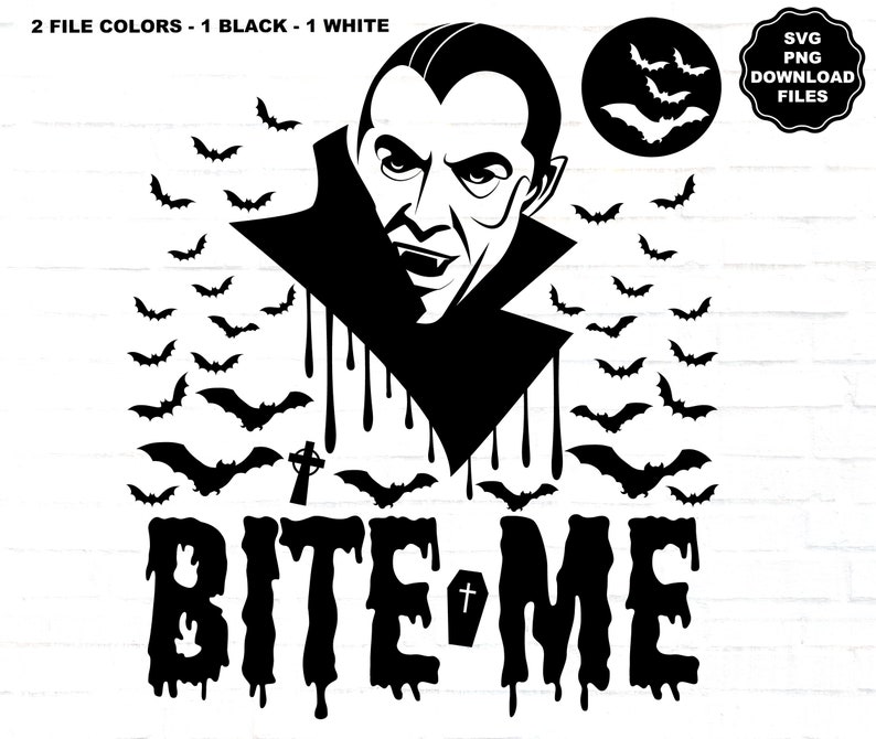 Puede incluir: Ilustraci&oacute;n digital en blanco y negro de un vampiro con sangre goteando y murci&eacute;lagos volando a su alrededor. El texto "BITE ME" est&aacute; debajo del vampiro.