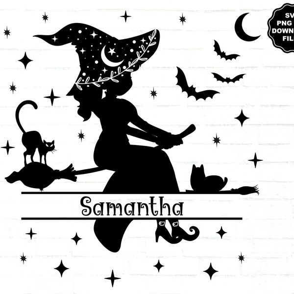 Cute Girl Witch SVG PNG, Halloween Split Monogram, Add Kids Name, Witch Hat, Celestial Stars, Witch Shoes, Black Cats, T-Shirt, Sublimation