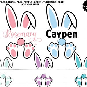 May include: Digital Easter-themed design featuring bunny ears, paw prints, and names. The design includes text that says "5 FILES COLORS - PINK - PURPLE - GREEN - TURQUOISE - BLUE ADD YOUR NAME" and "SVG PNG DOWNLOAD FILES".