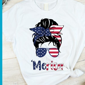 Merica, Messy Bun Mom, Messy Bun Girl Kid Png, American Flag Pattern Png, Sunglasses, Head Band, Sublimation, TShirt Transfer, Cricut image 2