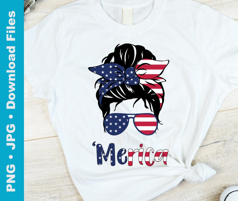 Merica, Messy Bun Mom, Messy Bun Girl Kid Png, American Flag Pattern Png, Sunglasses, Head Band, Sublimation, TShirt Transfer, Cricut image 2
