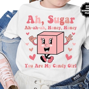 Valentinstag Retro Cartoon Zuckerwürfel Gesicht Hände Füße SVG, Ah Zucker, du bist mein Candy Girl, T-Shirt, Valentinstag Sublimation, Clipart Cricut Aufkleber