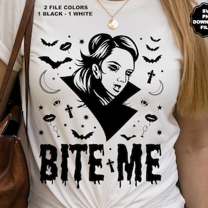Lady Vampire Bite Me, Dracula, Fledermäuse, Kreuz, Bluttropfen, Vampir Halloween T-Shirt, Halloween Clipart, Cricut, Vampir Sublimation, Aufkleber