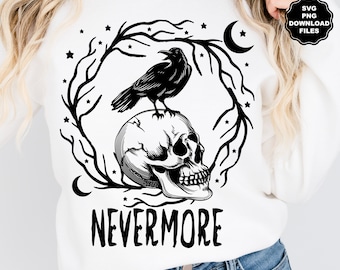 Black Raven SVG, Nevermore Edgar Allan Poe SVG, The Raven SVG, Lenore, Sublimação de camiseta, Camiseta de Halloween, Gótica, Cricut macabra, Decalque