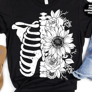 Floral Ribcage SVG, Ribcage Sunflower, Ribcage Flowers, Ribcage Sublimation, Ribcage T-Shirt, Halloween T-Shirt, Halloween SVG Clipart