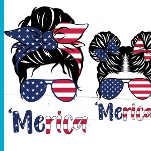 Merica, Messy Bun Mom, Messy Bun Girl Kid Png, American Flag Pattern Png, Sunglasses, Head Band, Sublimation, TShirt Transfer, Cricut