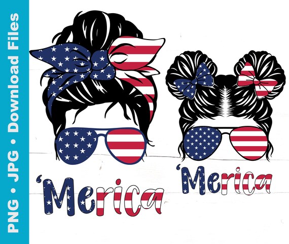 Merica, Messy Bun Mom, Messy Bun Girl Kid Png, American Flag Pattern Png, Sunglasses, Head Band, Sublimation, TShirt Transfer, Cricut