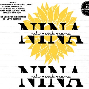 Nina Split Monogram svg, Nina Sunflower Split Monogram svg png, Nina Adicionar nomes de crianças, Dia das Mães SVG, Presente de Nina, Cricut, Sublimação, Decalque