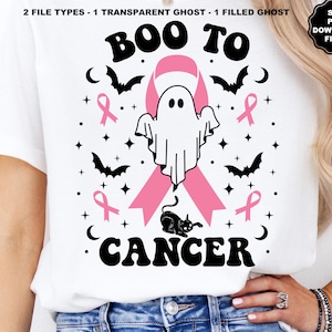 ブー・トゥ・キャンサー・ゴースト SVG、10 月の乳がん啓発月間、ピンクリボン、キャンサー・ハロウィン T シャツ、ピンクを着る、昇華型クリカット デカール