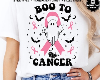 Boo To Cancer Ghost SVG, October Breast Cancer Awareness Month, Pink Ribbon, Cancer Halloween T-Shirt, Wear Pink, Sublimation Cricut Decal