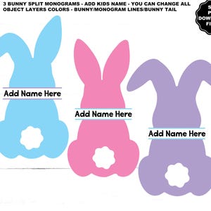 Hase Split Monogramm SVG PNG Hase Kinder Namen hinzufügen Hase Silhouette Ostern SVG Ostern Split Monogramm, 3 Hasensilhouetten