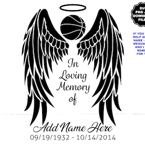 In liefdevolle herinnering Angel Wings SVG, naam toevoegen met vleugels, engelenvleugels met basketbal, naam met vleugels PNG, Memorial Decal Memorial TShirt, Cricut