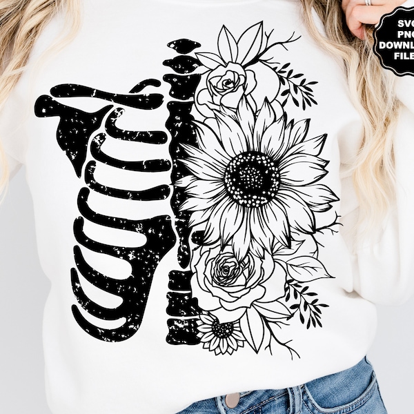 Floral Ribcage SVG, Ribcage Sunflower, Ribcage Flowers, Ribcage Sublimation, Ribcage T-Shirt, Halloween T-Shirt, Halloween SVG Clipart