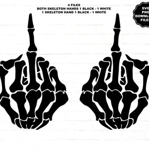May include: Two black skeleton hands giving the middle finger. The hands are in a raised fist position with the middle finger extended. The hands are isolated on a white background.