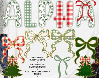 Pacote de fontes PNG Coquette Christmas com letras xadrez de renda e clipart de árvore de Natal com laços de fita Coquette para trabalhos de sublimação.