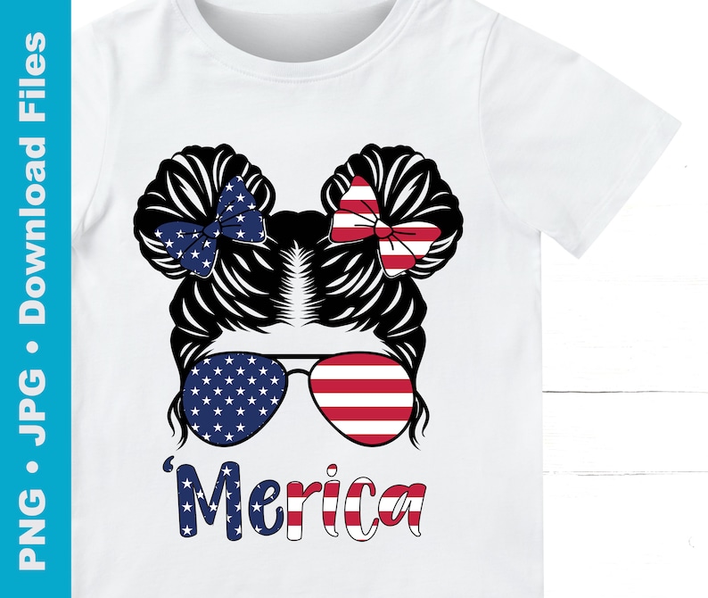 May include: A white t-shirt featuring a black and white illustration of a girl with her hair in two buns. The girl is wearing sunglasses with an American flag design. The text "Merica" is below the illustration.