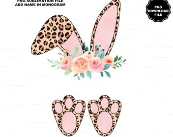May include: A digital design featuring a pair of bunny ears with a leopard print trim and a pink interior. The ears are topped with a floral arrangement of pink and peach roses, green leaves, and white flowers. Below the ears are two pink paw prints with a leopard print trim.
