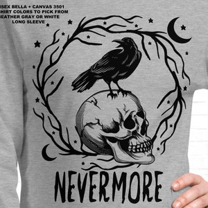 Edgar Allan Poe Raven Nevermore Skull Gothic Halloween Unisex Long Sleeve Tee | Bella + Canvas 3501, Halloween T-Shirt, Black Raven T-Shirt
