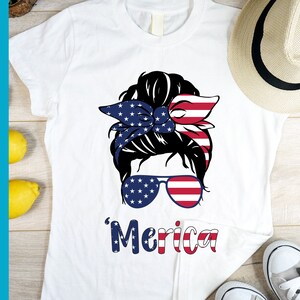 Merica, Messy Bun Mom, Messy Bun Girl Kid Png, American Flag Pattern Png, Sunglasses, Head Band, Sublimation, TShirt Transfer, Cricut image 4