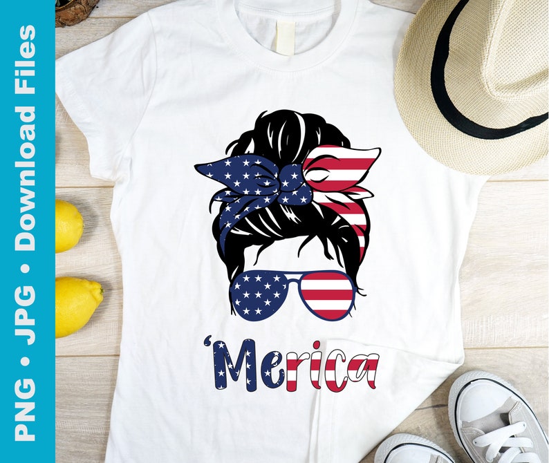 Merica, Messy Bun Mom, Messy Bun Girl Kid Png, American Flag Pattern Png, Sunglasses, Head Band, Sublimation, TShirt Transfer, Cricut image 4