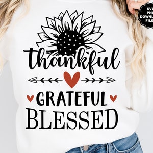Dankbar Dankbar Gesegnet SVG, Koralle Farbe Sonnenblumen Herzen, Thanksgiving T-Shirt, Kürbisse, Herzen, Fall Christian Sublimation Cricut Aufkleber