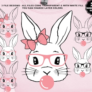 Niedliche Hasen Gesicht Sonnenbrille Bubblegum SVG, Osterhase SVG, Osterhase PNG, Hasen Sonnenbrille, Hase Bubblegum, Hase Gesicht Ohren