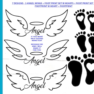 Angel Wings SVG, Angel Letters, Angel Halo, Baby Foot Prints, Child Foot Prints, Foot Print Hearts, In Memory Of, Ajouter un nom, Personnaliser