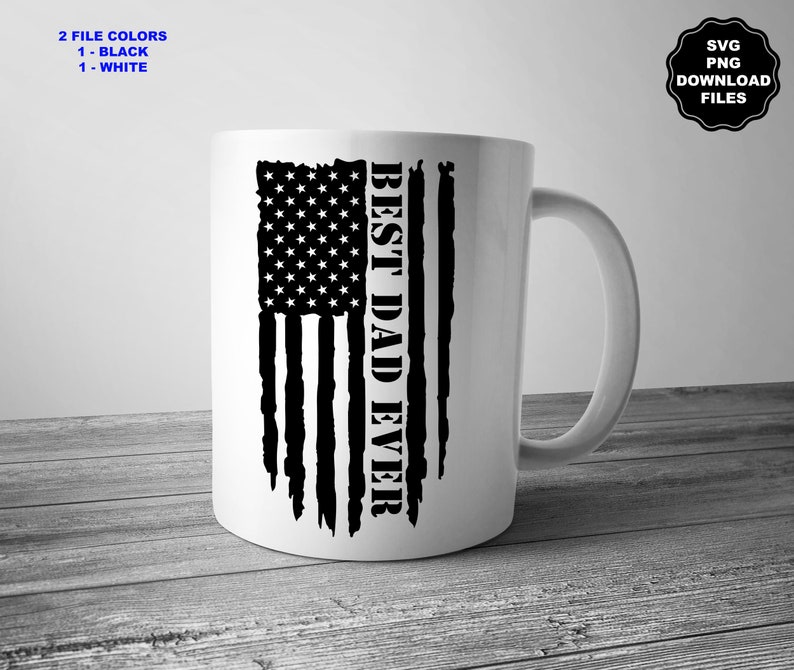 K&ouml;nnte beinhalten: Eine wei&szlig;e Keramiktasse mit einem schwarzen, abgenutzten amerikanischen Flaggenmuster und dem Text "BEST DAD EVER".