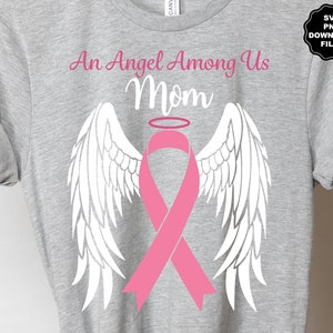 Un ange parmi nous maman, ruban rose Cancer ailes d'ange SVG, Halo, ajouter un nom, une date, personnaliser des ailes d'ange, T-shirt commémoratif de décalque commémoratif
