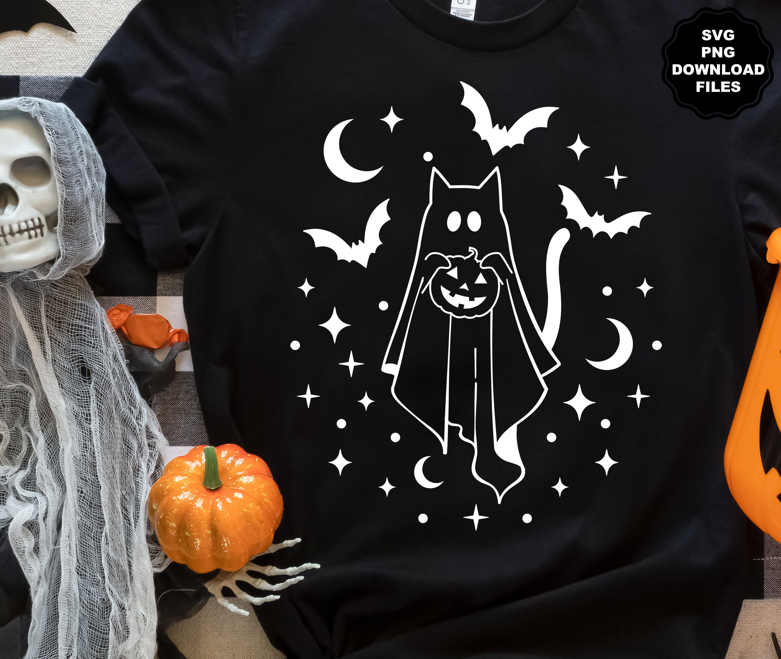 Ghost Cat SVG Holding Pumpkin, Bats Moon Cat Ghost SVG, Ghost Cat ...