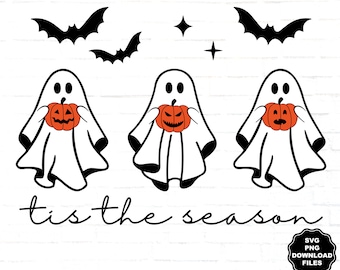 Ghosts Holding Pumpkins SVG, Sheet Ghosts SVG, Ghosts Clipart, Halloween Ghosts, Halloween Clipart, Tis The Season 3 Ghosts Bats PNG