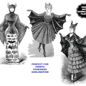Ilustracje Antique Bat Lady, Little Demon Bat Girl, Halloween Prints, Sublimacja T-shirtów, Ephemera, Clipart, Kostium Bat Lady, Dzienniki