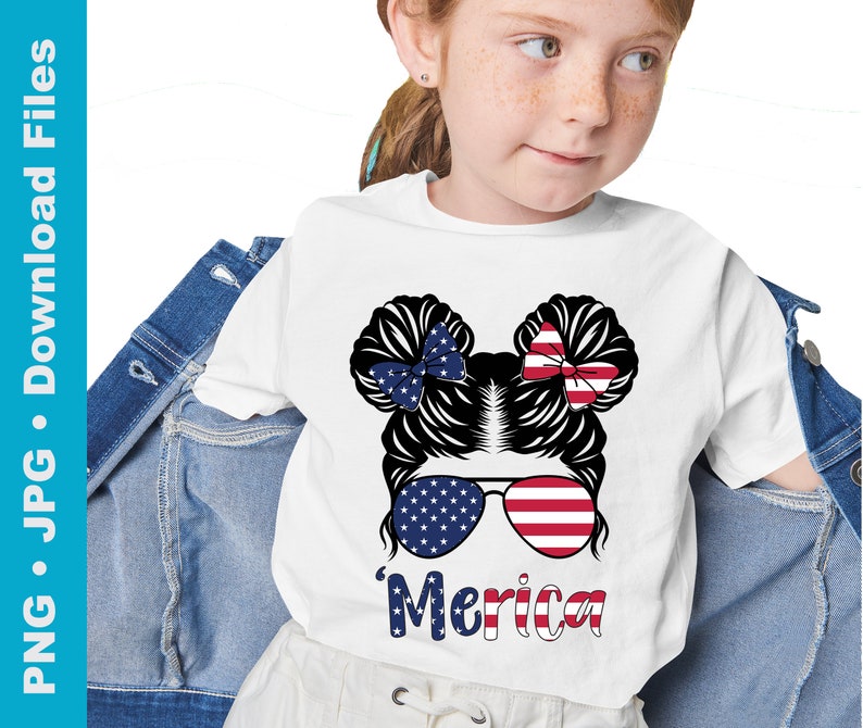 May include: White t-shirt featuring a graphic of a girl with a messy bun, wearing sunglasses with red, white and blue stars and stripes. The text 'Merica' is below the graphic.