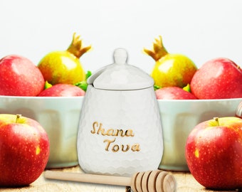 Rosh Hashanah Ceramic Honey Dish With Honey Dipper