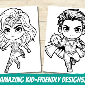 May include: Black and white coloring page featuring a cartoon superhero with a lightning bolt on their chest and a cartoon superheroine with a star on her forehead.