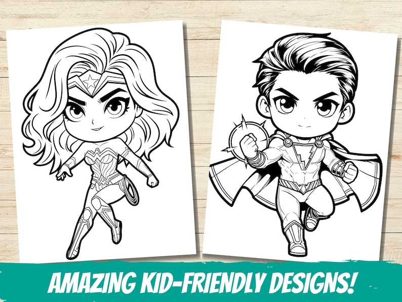 May include: Black and white coloring page featuring a cartoon superhero with a lightning bolt on their chest and a cartoon superheroine with a star on her forehead.