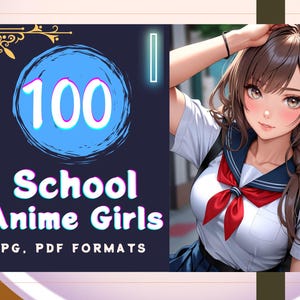 以下が含まれることがあります： 白い制服と赤いリボンを着た、学校の女子アニメのデジタルアートワーク。画像には、白と青で「100 School Anime Girls」というテキストと、その下に「JPG、PDF FORMATS」が含まれています。