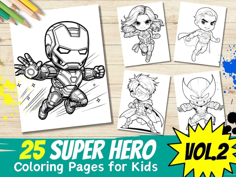 May include: A set of 25 black and white coloring pages featuring superhero characters. The pages are designed for kids and feature characters like Iron Man, Captain Marvel, Superman, Robin, and Wolverine.